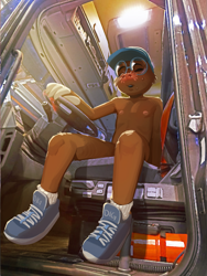 Size: 1377x1836 | Tagged: safe, artist:apis, oc:avogadro, eulipotyphlan, mammal, mole, star-nosed mole, boy, boys only, cub, cubs only, male, males only, slender, solo boy, solo cub, solo kid, solo male, young, photo background, ball cap, car seat, closed eyes, convenient censorship, dangling legs, glasses, hat, low-angle view, nipples, nudity, one arm out, shoes, sneakers, socks, solo, sweat, truck, truck cabin