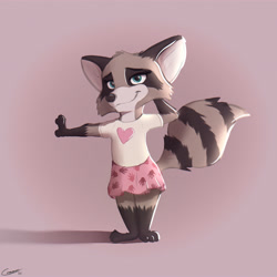 Size: 1800x1800 | Tagged: safe, artist:comatose, oc:jae (comatose), mammal, raccoon, anthro, chibi, cub, female, girl, plantigrade, solo cub, solo female, solo girl, young, alternate version, digital, clothing, dress, solo