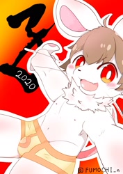 Size: 1240x1754 | Tagged: suggestive, artist:fumochi, mammal, mouse, murid, rodent, anthro, boy, cub, male, solo boy, solo cub, solo male, young, blushing, briefs, clothing, fang, fur, hair, kemono, kemoshota, navel, nipples, open mouth, posing, pupils, red eyes, solo, teeth, topless, underwear, whiskers, white fur