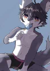 Size: 531x759 | Tagged: safe, artist:fumochi, canid, mammal, wolf, anthro, boy, cub, male, solo boy, solo cub, solo male, young, 5 fingers, black eyes, boxer-briefs, clothing, dipstick tail, eating, fang, fingers, food, fur, glove markings, gray fur, hair, holding popsicle, navel, popsicle, popsicle in mouth, red eyes, solo, tail, teeth, topless, underwear, white fur, yellow eyes
