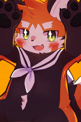 Size: 2328x3508 | Tagged: safe, artist:fumochi, ailurid, mammal, red panda, boy, chubby, cub, male, solo boy, solo cub, solo male, young, belly tuft, blushing, brown fur, eyebrows, fang, fur, green eyes, kemono, kerchief, looking at you, narrowed eyes, navel tuft, neckerchief, neckwear, nudity, open mouth, orange fur, pawpads, posing, pupils, solo, tail, teeth, white fur