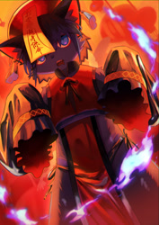 Size: 2894x4093 | Tagged: safe, artist:fumochi, felid, jiangshi, mammal, spirit, anthro, boy, cub, male, solo boy, solo cub, solo male, young, black fur, blank stare, blue eyes, clothing, drooling, ear accessory, fur, hair, kemono, kemoshota, posing, pupils, saliva, sharp teeth, skimpy outfit, solo, standing, talisman, teeth, text, undead
