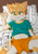 Size: 1761x2508 | Tagged: safe, artist:lokion, canid, dog, mammal, anthro, boy, cub, male, solo boy, solo cub, solo male, young, bed, belly, blushing, fang, fur, green eyes, japanese text, kemono, kemoshota, lying, lying on back, navel, on back, on bed, open legs, orange fur, shorts, smiling, solo, talking to you, teeth, white fur