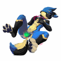 Size: 2000x2000 | Tagged: suggestive, artist:oselotti, oc:silentwolf, canid, mammal, wolf, anthro, boy, male, solo boy, solo male, solo teen, teen, young, black fur, blue fur, clothing, collar, fur, jockstrap, leash, looking at you, solo, tan fur, topless, underwear