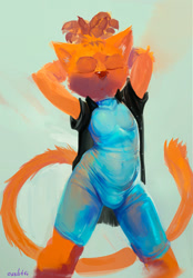 Size: 1100x1580 | Tagged: safe, artist:oselotti, oc:oselotti, cat, felid, mammal, anthro, boy, cub, male, solo boy, solo cub, solo male, young, sketch, bulge, eyes closed, latex, solo, tail