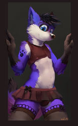Size: 928x1500 | Tagged: safe, artist:oselotti, oc:pawalo (roco95), canid, dog, mammal, norwegian elkhound, anthro, boy, cub, femboy, male, solo boy, solo cub, solo male, young, blue eyes, bulge, crossdressing, in doorway, purple fur, skirt, smiling, solo, tank top