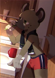 Size: 2894x4093 | Tagged: safe, artist:agitongu, haida, hyaenid, hyena, mammal, spotted hyena, anthro, boy, male, solo boy, solo male, solo teen, teen, young, aggretsuko, 5 fingers, bathroom, boxer-briefs, brown fur, brushing teeth, bulge, clothing, fingers, fur, mug, solo, toothbrush, towel, towel around neck, underwear