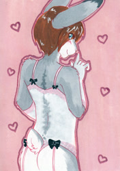 Size: 704x1000 | Tagged: safe, artist:malachyte, oc:logitech, lagomorph, mammal, rabbit, anthro, boy, femboy, male, slender, solo boy, solo male, solo teen, teen, twink, young, blushing, butt, gray fur, green eyes, lingerie, looking at you, solo, standing