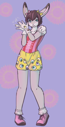Size: 618x1200 | Tagged: safe, artist:malachyte, kyary pamyu pamyu, oc:logitech, lagomorph, mammal, rabbit, anthro, boy, femboy, male, plantigrade, solo boy, solo male, solo teen, teen, young, cosplay, crossdressing, gloves, gray fur, shoes, sneakers, solo