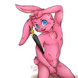 Size: 1024x1024 | Tagged: safe, artist:chocobo, inkbunny, lagomorph, lapine, mammal, rabbit, boy, cub, male, solo boy, solo cub, solo male, young, inkbunny.net, blue eyes, bulge, looking at you, nudity, pink fur, smiling, solo