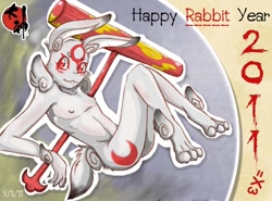 Size: 1024x759 | Tagged: safe, artist:chocobo, yumigami, anthro, boy, male, plantigrade, slender, solo boy, solo male, solo teen, teen, twink, young, chinese new year, holiday, okami, year of the rabbit, chinese zodiac, fur, nipples, pecs, solo, white fur