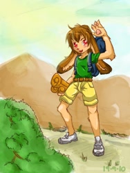Size: 600x800 | Tagged: safe, artist:leonel, colorist:chocobo, oc:leonel, lagomorph, mammal, rabbit, anthro, boy, cub, male, solo boy, solo cub, solo male, young, brown fur, fur, looking at you, outdoors, shoes, shorts, smiling, sneakers, solo, standing, waving at you