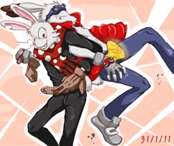 Size: 1024x860 | Tagged: safe, artist:chocobo, king kazma, shiina, lagomorph, mammal, rabbit, anthro, anthro/anthro, boy, boy/boy, boys only, male, male/male, males only, teen, teen/teen, teens only, young, young/young, oumagadoki doubutsuen, summer wars, 2011, clothing, duo, fingerless gloves, gloves, goggles, goggles on head, shoes, smiling