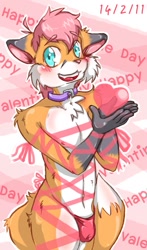 Size: 603x1024 | Tagged: suggestive, artist:chocobo, oc:kiyochii, canid, fox, mammal, red fox, anthro, boy, cub, male, solo boy, solo cub, solo male, young, valentine's day, bondage, bulge, clothing, collar, dipstick tail, fur, heart, looking at you, nipples, ribbon, smiling, solo, standing, tail, topless, white fur, yellow fur
