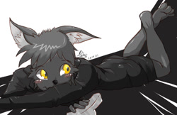 Size: 1024x665 | Tagged: safe, artist:chocobo, cat, felid, mammal, anthro, boy, cub, male, plantigrade, solo boy, solo cub, solo male, young, amber eyes, black fur, blushing, clothing, fur, lying, on front, shorts, solo