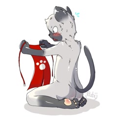 Size: 800x800 | Tagged: safe, artist:chocobo, cat, felid, mammal, siamese, anthro, boy, cub, male, plantigrade, solo boy, solo cub, solo male, young, blushing, butt, fundoshi, nudity, pawpads, rear view, solo, surprised, sweat