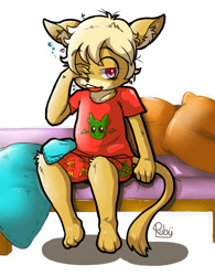 Size: 912x1168 | Tagged: safe, artist:chocobo, oc:pioky (keyran), cat, felid, mammal, anthro, boy, cub, male, plantigrade, solo boy, solo cub, solo male, young, bedroom, blonde hair, fur, hair, on bed, sitting, sleepy, solo, tan fur, waking up