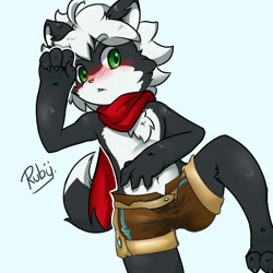 Size: 1024x1024 | Tagged: safe, artist:chocobo, oc:mylon (mzelda), cat, felid, mammal, anthro, boy, cub, male, plantigrade, solo boy, solo cub, solo male, young, black fur, blushing, clothing, fur, green eyes, hair, looking at you, lying, lying on back, navel, on back, scarf, shorts, solo, topless, white fur