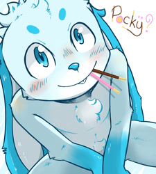 Size: 1065x1183 | Tagged: safe, artist:chocobo, lagomorph, mammal, rabbit, anthro, boy, cub, male, solo boy, solo cub, solo male, young, arms in front, blue eyes, blue fur, blushing, fur, looking at you, looking up, nudity, pocky, pocky in mouth, solo