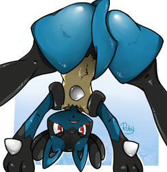 Size: 1424x1468 | Tagged: safe, artist:chocobo, lucario, pokemon (species), anthro, boy, male, solo boy, solo male, solo teen, teen, young, pokémon, blue fur, blushing, convenient censorship, fur, nudity, on all fours, presenting, presenting hindquarters, red eyes, solo, yellow fur