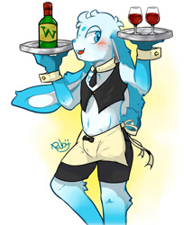 Size: 834x1024 | Tagged: safe, artist:chocobo, lagomorph, mammal, rabbit, anthro, boy, cub, male, solo boy, solo cub, solo male, young, series:cub cafe, apron, blue fur, blushing, clothing, fur, looking at you, navel, necktie, skimpy outfit, smiling, solo, standing, waiter, wine