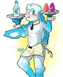 Size: 834x1024 | Tagged: suggestive, artist:chocobo, lagomorph, mammal, rabbit, anthro, boy, cub, male, solo boy, solo cub, solo male, young, series:cub cafe, alternate version, apron, blue fur, blushing, bulge, clothing, detailed bulge, fur, licking lips, looking at you, navel, skimpy outfit, smiling, solo, standing, waiter, wine