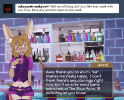 Size: 1492x1200 | Tagged: safe, artist:hazelbun, oc:hazel bun, lagomorph, mammal, rabbit, anthro, boy, cub, male, solo boy, solo cub, solo male, young, ask blog, blushing, bulge, clothing, green eyes, skimpy outfit, solo, waiter