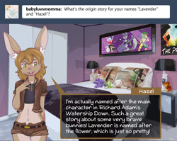 Size: 1492x1188 | Tagged: safe, artist:hazelbun, oc:hazel bun, lagomorph, mammal, rabbit, anthro, boy, cub, male, solo boy, solo cub, solo male, young, ask blog, brown fur, clothing, fur, green eyes, navel, skimpy outfit, solo, standing