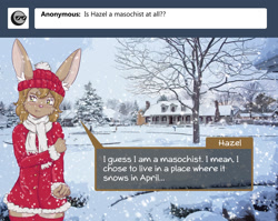Size: 1492x1188 | Tagged: safe, artist:hazelbun, oc:hazel bun, lagomorph, mammal, rabbit, anthro, boy, cub, male, solo boy, solo cub, solo male, young, photo background, ask blog, blushing, brown fur, clothing, coat, fur, green eyes, hat, snow, solo, standing, tan fur, winter