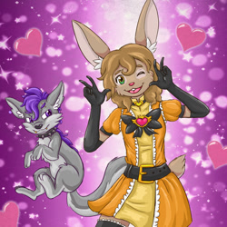 Size: 1280x1280 | Tagged: safe, artist:hazelbun, oc:hazel bun, oc:lavender (hazelbun), canid, lagomorph, mammal, rabbit, ambiguous gender, anthro, boy, boy focus, cub focus, femboy, feral, male, solo boy, solo male, young, brown fur, collar, crossdressing, fur, green eyes, looking at you, magical boy, solo, tan fur, winking
