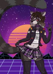 Size: 1003x1417 | Tagged: safe, artist:hazelbun, oc:jasper raccoon, mammal, raccoon, boy, femboy, male, slender, solo boy, solo male, solo teen, teen, twink, young, amber eyes, belly, clothing, collar, jacket, looking at you, navel, nose piercing, piercing, skirt, smiling, solo, standing, stockings