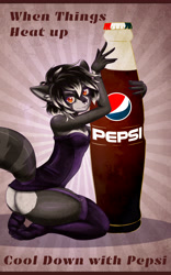Size: 3300x5292 | Tagged: safe, artist:hazelbun, oc:jasper raccoon, mammal, raccoon, anthro, boy, femboy, male, slender, solo boy, solo male, solo teen, teen, twink, young, pepsi, amber eyes, brown fur, butt, corset, fur, garter belt, hugging object, kneeling, looking at you, nose piercing, piercing, smiling, solo, stockings, teeth
