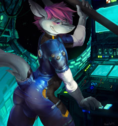 Size: 1513x1616 | Tagged: safe, artist:oselotti, oc:veto, fish, marine, shark, anthro, boy, male, solo boy, solo male, solo teen, teen, young, blushing, bulge, butt, latex, looking at you, pink eyes, sci-fi, smiling, solo, space