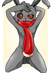 Size: 672x966 | Tagged: safe, artist:chocobo, oc:coal rabbit, lagomorph, mammal, rabbit, boy, cub, male, solo boy, solo cub, solo male, young, black fur, blushing, fur, kneeling, looking at you, red eyes, scarf, smiling, solo