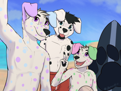 Size: 2732x2048 | Tagged: safe, artist:zen the caracal, oc:jakey pup, oc:spotty adam, canid, dalmatian, dog, mammal, male, males only, beach, black fur, blep, blue fur, clothing, fang, featureless chest, floppy ears, fur, lavender fur, looking at you, purple eyes, selfie, smiling, swimsuit, teeth, tongue out, topless, trio, white fur