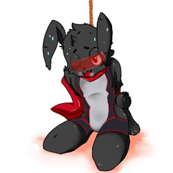 Size: 1024x1024 | Tagged: safe, artist:chocobo, oc:coal rabbit, lagomorph, mammal, rabbit, anthro, boy, cub, male, solo boy, solo cub, solo male, young, black fur, bondage, defeat, fur, hero, kneeling, latex, one eye closed, panting, solo, visor