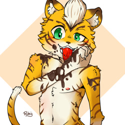 Size: 1024x1024 | Tagged: safe, artist:chocobo, big cat, felid, mammal, tiger, boy, cub, male, solo boy, solo cub, solo male, young, valentine's day, black fur, bust portrait, chocolate, clothing, food, fur, green eyes, hair, licking, nipples, orange fur, pecs, solo, stripes, suggestive food, topless, white fur