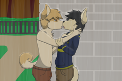Size: 2400x1600 | Tagged: safe, artist:frosted chase, oc:kei (maniacalmercury), oc:tama (maniacal mercury), canid, dog, fennec, fox, mammal, shiba inu, anthro, anthro/anthro, boy, boy/boy, boys only, cub, cub/cub, cubs only, male, male/male, males only, young, young/young, blonde hair, blue eyes, blushing, clothing, daytime, duo, fur, hair, hoodie, imminent kiss, navel, outdoors, raining, tail, tan fur, tears, topless
