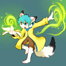 Size: 2000x2000 | Tagged: safe, artist:whiteleo, oc:miyan (maniacal mercury), anthro, boy, cub, male, solo boy, solo cub, solo male, young, fur, mage, magic, shorts, solo, white fur