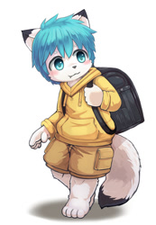 Size: 521x755 | Tagged: safe, artist:yojoo, oc:mercury (maniacalmercury), arctic fox, canid, fox, mammal, vulpine, anthro, boy, chibi, cub, male, solo boy, solo cub, solo male, young, 2015, backpack, blushing, clothing, cyan eyes, cyan hair, fur, holding backpack, hoodie, shorts, smiling, solo, walking, white fur