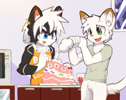 Size: 3000x2400 | Tagged: safe, artist:whiteleo, oc:koutaro (whiteleo), oc:lyon (maniacal mercury), cat, felid, mammal, apron, baking, blep, blue eyes, blushing, cake, duo, featureless crotch, green eyes, hair, indoors, kitchen, tail, tongue out