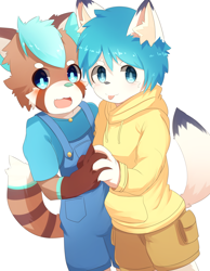 Size: 1120x1440 | Tagged: safe, artist:nekojita kagu, oc:kei (maniacalmercury), oc:mercury (maniacalmercury), ailurid, arctic fox, canid, fox, mammal, red panda, vulpine, anthro, anthro/anthro, boy, boy/boy, cub, cub/cub, male, male/male, young, young/young, blep, blue eyes, blushing, clothing, cyan eyes, holding hands, hoodie, hug, kemono, kemoshota, open mouth, overalls, tongue out