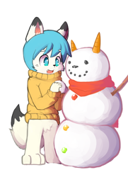Size: 1392x1920 | Tagged: safe, artist:whiteleo, arctic fox, canid, fox, mammal, vulpine, anthro, boy, cub, male, solo boy, solo cub, solo male, young, black fur, bottomless, clothing, cyan eyes, cyan hair, daytime, featureless crotch, fur, outdoors, snow, snowman, solo, sweater, white fur, winter