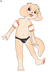 Size: 2317x3000 | Tagged: safe, artist:starry eyes, canid, dog, mammal, anthro, boy, cub, male, plantigrade, solo boy, solo cub, solo male, young, colored, flat colored, sketch, arm floats, bulge, fang, featureless chest, feet, fur, looking at you, navel, open mouth, pool float, smiling, solo, speedo, swimsuit, tan fur, teeth, toes