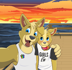 Size: 3400x3296 | Tagged: safe, artist:halcyon winter, oc:benny (kibaru), oc:joshy (kibaru), canid, corgi, dog, mammal, adult, adult/cub, adult/young, anthro, anthro/anthro, boy, cub, male, male/male, man, man/boy, age difference, blue eyes, blushing, brothers, clothing, cuddling, duo, fang, fur, incest, lgbt pride, pride colors, selfie, sibling incest, sibling/sibling, siblings, smiling, tan fur, teeth, tongue out, yellow fur