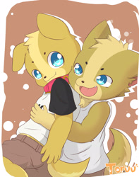 Size: 2066x2618 | Tagged: safe, artist:toruu, oc:benny (kibaru), oc:joshy (kibaru), canid, corgi, dog, mammal, adult, adult/cub, adult/young, anthro, anthro/anthro, boy, cub, male, male/male, man, man/boy, young, age difference, blue eyes, brothers, clothing, collar, cuddling, duo, fur, incest, kemono, kemoshota, sibling incest, sibling/sibling, siblings, tan fur, yellow fur