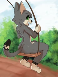 Size: 1535x2048 | Tagged: safe, artist:ricky945, oc:milo (miloart), cat, felid, mammal, anthro, boy, cub, male, plantigrade, solo boy, solo cub, solo male, young, butt, dangling legs, daytime, fur, gray fur, green eyes, kemono, kemoshota, looking at you, looking back, looking back at you, nudity, open mouth, outdoors, playground, smiling, solo, swinging, tree, white fur