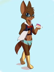 Size: 1534x2048 | Tagged: suggestive, artist:ricky945, oc:ricky945, canid, mammal, anthro, boy, cub, male, plantigrade, solo boy, solo cub, solo male, young, series:cub cafe, blue eyes, bowtie, boxer-briefs, bulge, clothing, glasses, kemono, kemoshota, looking at you, navel, skimpy outfit, smiling, solo, underwear, waiter