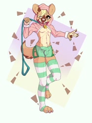 Size: 1535x2048 | Tagged: suggestive, artist:ricky945, canid, mammal, anthro, boy, cub, male, slender, solo boy, solo male, solo teen, teen, twink, young, blep, blonde hair, blushing, brown fur, bulge, clothing, collar, detailed bulge, digitigrade, fur, hair, hoodie, kemono, kemoshota, leash, navel, skimpy outfit, socks, socks without shoes, solo, standing, tan fur, tongue out