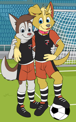 Size: 1794x2891 | Tagged: safe, artist:halcyon winter, oc:cora, oc:joshy (kibaru), canid, corgi, dog, husky, mammal, siberian husky, anthro, anthro/anthro, boy, boy/boy, cub, cub/cub, male, male/male, plantigrade, young, young/young, series:furwood fc, colored, flat colored, blep, blue eyes, clothing, collar, cuddling, daytime, fur, outdoors, shoes, shorts, soccer ball, soccer uniform, socks, sports uniform, tongue out